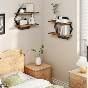 Paquete de 2 Estantes de Pared Hexagonales de Madera y Metal, Estantes Flotantes para Decoración de Pared para Dormitorio, Sala de Estar, Jarrones, Soporte para Plantas - Product Image 3
