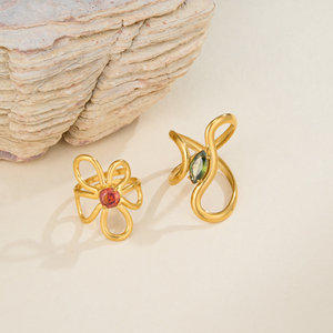 2026 NUOVO SET DI ANELLI OVALI VERDI E ROSSI CON ZIRCONI, MODELLO BEAUTY WAVE DAISY, REGALO Dazan, PLACCATO ORO 18k PVD, ACCIAIO INOX, GIOIELLI DA DONNA - Product Image 2