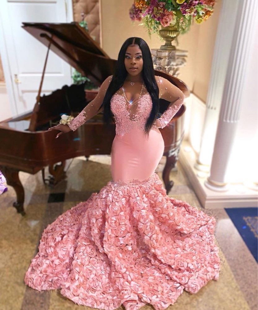 chinese dress ladies Lace Long Sleeve Pink Prom Dresses V Neck Tulle Appliqued Beaded Evening Ball Gowns ARD1042