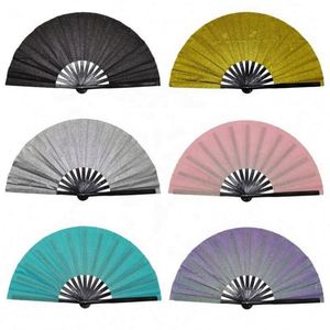 Éventails pliants artisanaux en bambou noir QYL de 13 pouces, grands éventails à main pour la danse avec élément de courant de marée, vente en gros - Product Image 1