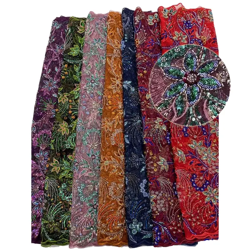 Chowleedee rts उत्पादित भारी beaned सेक्विन कढ़ाई शाम पोशाक फीता कपड़े
