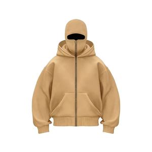 TKAN273D logo vierge personnalisé fermeture éclair complète Double capuche vêtements d'extérieur solides hommes fermeture éclair poids lourd Streetwear masque à capuche - Product Image 2