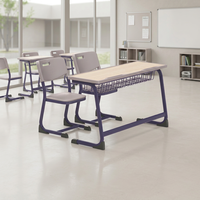 Ensemble de chaise de bureau scolaire moderne à double siège avec dossier intégré, trou pour les mains, rangement sous le bureau, cadre métallique, finition aspect bois stratifié