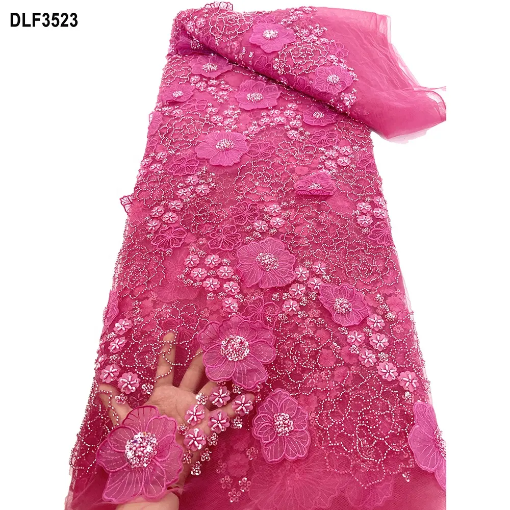 Nueva tela bordada de flores 3D de moda con perlas vestido elegante secuencia de bordado de Color rosa y encaje con cuentas para boda