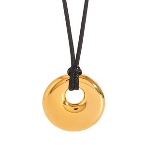 Stainless Steel Round Pendant With <b>Polished</b> Finish <b>Black</b> Waxed Cord Gift Jewelry - Product Image 1