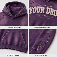 Sweat à capuche violet personnalisé 450 GSM, délavé à l'acide, avec strass, patch chenille vieilli et broderie appliquée, vente en gros d'usine