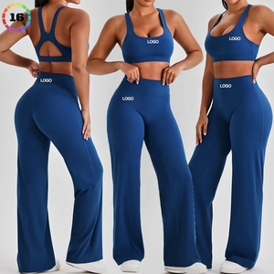 Ensemble de sport pour femme avec soutien-gorge rembourré et pantalon de yoga évasé taille haute à dos ajouré et jambes larges, idéal pour la gym et les activités sportives - Product Image 2