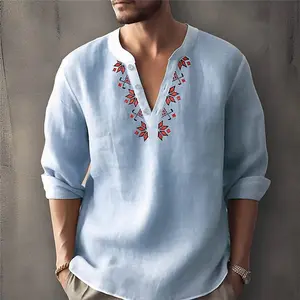 Men's Shirt Linen Shirts Stand Collar Graphic Prints Geometry White Pink Blue Khaki Outdoor Street Print Long Sleeve Clothing