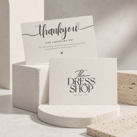 Biglietto di ringraziamento pieghevole personalizzato color avorio con logo nero stampato per set di ordini per boutique e negozi al dettaglio