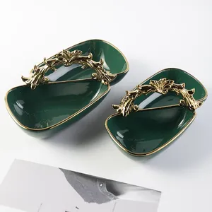 japan style simple custom royal luxury dark green divided snack fruit ceramic dish with compartment