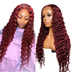 Beliebte 99J 13x4 Virgin brasilia nischen Echthaar Perücken für schwarze Frauen Burgunder Wein Rot Loose Deep Wave Hd Lace Front Perücke