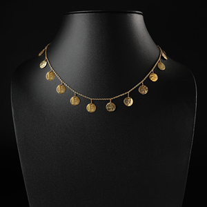 Shimmering <b>Disc</b> Fringe Necklace <b>Gold</b> Tone Multi Drop Chain Minimal Choker Style Elegant Lightweight Jewelry for Women - Product Image 2