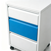 Armoire mobile de laboratoire en acier à trois tiroirs et à bords droits, de couleur bleu et blanc, avec roulettes pour postes de travail de laboratoire