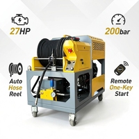 Nettoyeur de canalisations haute pression à gaz 200 bars, 27 CV, enrouleur automatique, démarrage à distance à une touche pour le débouchage par jet