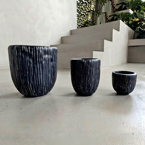 Modern Ceramic Flower Pots <b>Set</b> Glazed Black Ribbed Design Indoor Planters for Home Garden Minimalist Style - Product Image 1