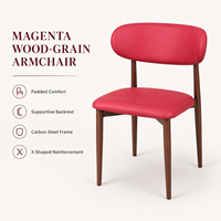 Fauteuil de salle à manger rembourré magenta avec structure en acier carbone à grain de bois, dossier incurvé, dossier ouvert et renfort en X