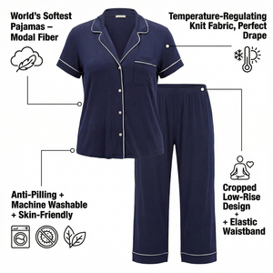 SUHE Conjunto de Pijama Capri de Manga Corta para Mujer, de Modal, con Botones, Cuello Solapa, Top y Pantalones, Dos Piezas, Ropa de Dormir y Descanso - Product Image 5