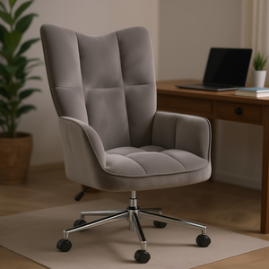 Sedia da Ufficio in Velluto Grigio con Schienale Trapuntato, Base Girevole, Stile Contemporaneo, Telaio in Metallo Cromato - Product Image 2