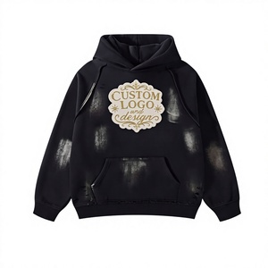 Fournisseur de sweats à capuche streetwear – Hoodie oversize noir délavé, broderie vieillie, strass, effet vintage, délavage à la pierre, MOQ 10 - Product Image 1