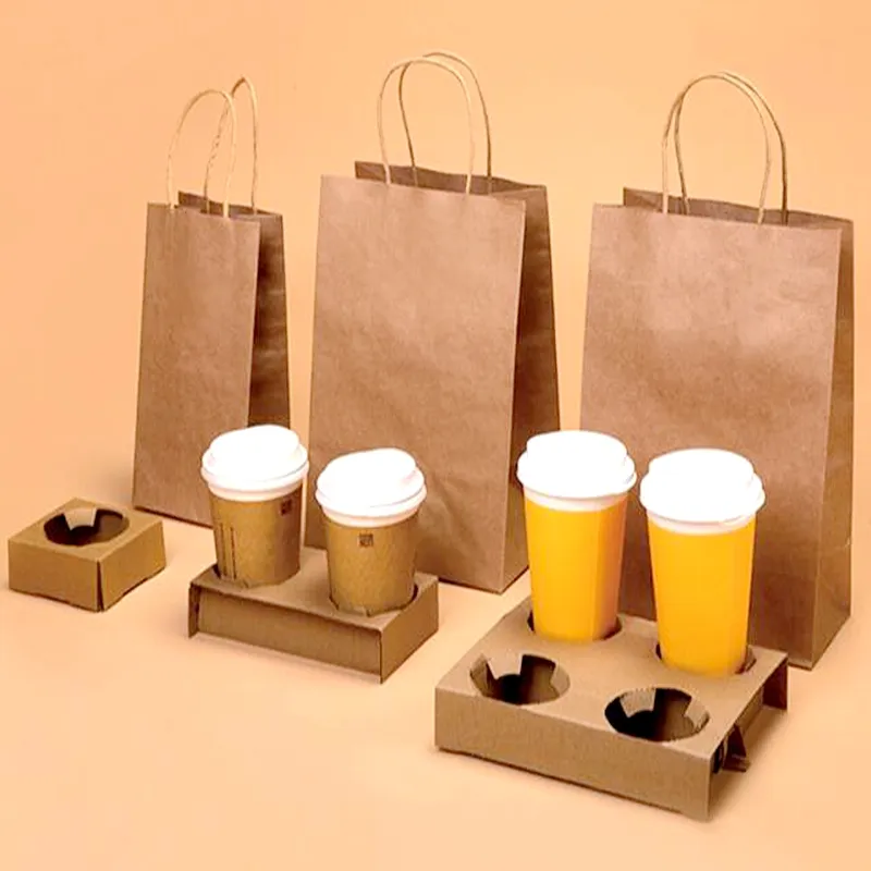पैक कस्टम मुद्रित 1/2/4 कप कागज के बैग ले जाते हैं कॉफी की दुकान आपके लोगो के साथ 4 कप पेय वाहक पेपर बैग