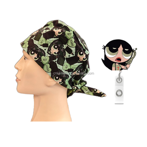 Casquettes de chirurgien unisexes en satin avec imprimé poupée Bratzs, à nouer dans le dos, avec porte-badges assortis, en gros - Product Image 4