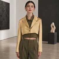 Blazer court en satin pour femme, effet deux pièces, à bouton unique, manches longues, veste courte, idéal pour le bureau et les trajets quotidiens