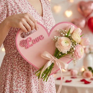Portaflores de Madera Rosa en Forma de Corazón con Recorte de Amor para el Día de San Valentín, Decoración para Mostrar Ramos de Boda, Manualidades - Product Image 1
