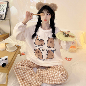 Vêtements de nuit pyjamas femmes hiver corail polaire ample extérieur portant chaud mignon pyjamas ensemble étudiant petit - Product Image 1