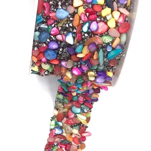 L205 3cm width fashion Multi color rhinestone beads trim hot fix colorful rhinestone stones chain trim for shoes