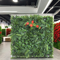 Tanaman buatan daun hijau, 100*100cm kualitas tinggi bunga merah dinding rumput Anthurium untuk dekorasi dalam dan luar ruangan