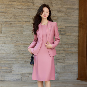 Burgundy Women's Suit Set Midi <b>Skirt</b> Full Sleeve Office Lady Anti-Wrinkle Polyester Worsted Fabric - Product Image 3