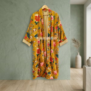 Robe kimono à imprimé floral orange, manches longues, longueur longue, 100% coton, veste pour femme, printemps/hiver - Product Image 5