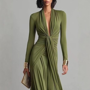 <span class=keywords><strong>Robe</strong></span> élégante et ajustée pour femme, col en V, manches longues, nouvelle collection automne 2026, style français, vente en gros pour boutiques - Product Image 2