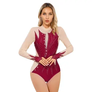 Fábrica Custom made competição Meninas collant Rhinestone Sheer Malha Patchwork Ginástica Dança Collant