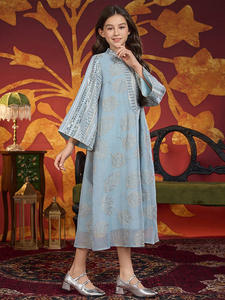 Nouvelles filles musulmanes <span class=keywords><strong>feuille</strong></span> métallique brodé longue Abaya avec col Mandarin bleu clair islamique enfants vêtements - Product Image 3
