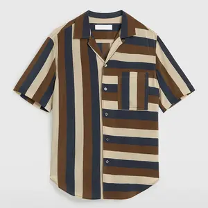 Hot Sale Custom Striped Short Sleeve Designer Shirt Mens Button Down Cuban Collar Camp Shirts
