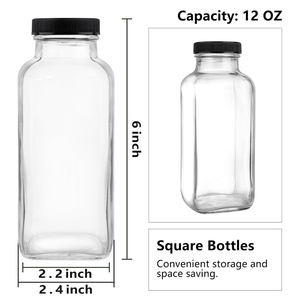 Clear Square <b>Glass</b> Beverage <b>Bottles</b> 8oz/12oz/16oz with Screw Cap and Screen Printing for <b>Milk</b> Other Beverages - Product Image 6