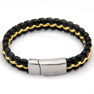Titanium Steel Leather Braided Bangle Strong magnetic clasp Genuine Cowhide Bracelet Punk Fashion mens Jewelry