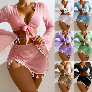 Solid Color Four Piece Bikini Set Mesh Mini Skirt Tassel Kimono Matching Two Piece Swimsuit for Women Spandex/Polyester - Product Image 6