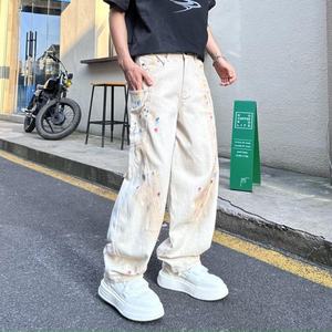 Amerikan moda marka erkek yaz rahat pantolon boyalı Graffiti geniş bacak Scimitar kot gevşek düz katı Denim yıkanmış - Product Image 6