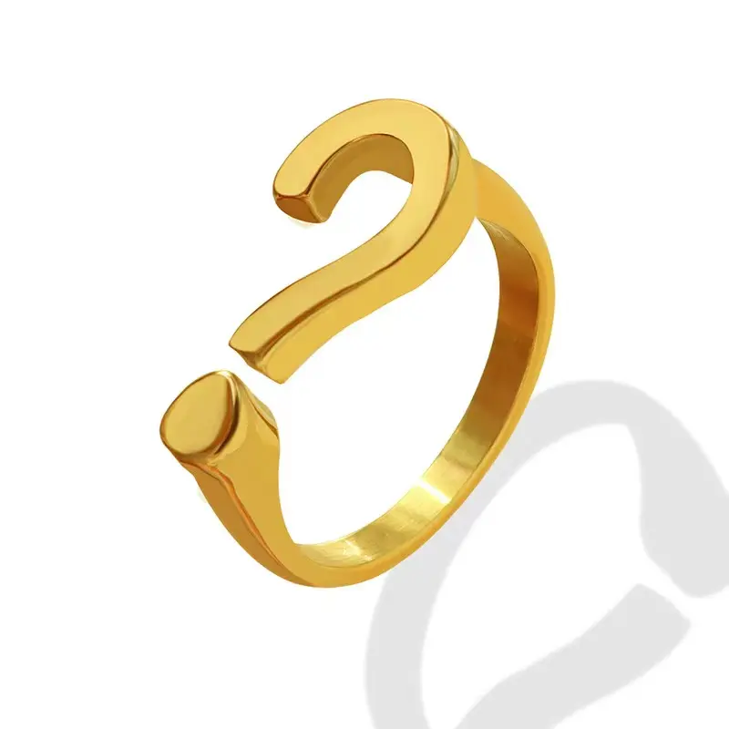 Personalized Geometric Symbol Ring Stainless Steel Men Women Jewelry 18K Gold Plated Waterproof Big Question Mark Open Ring