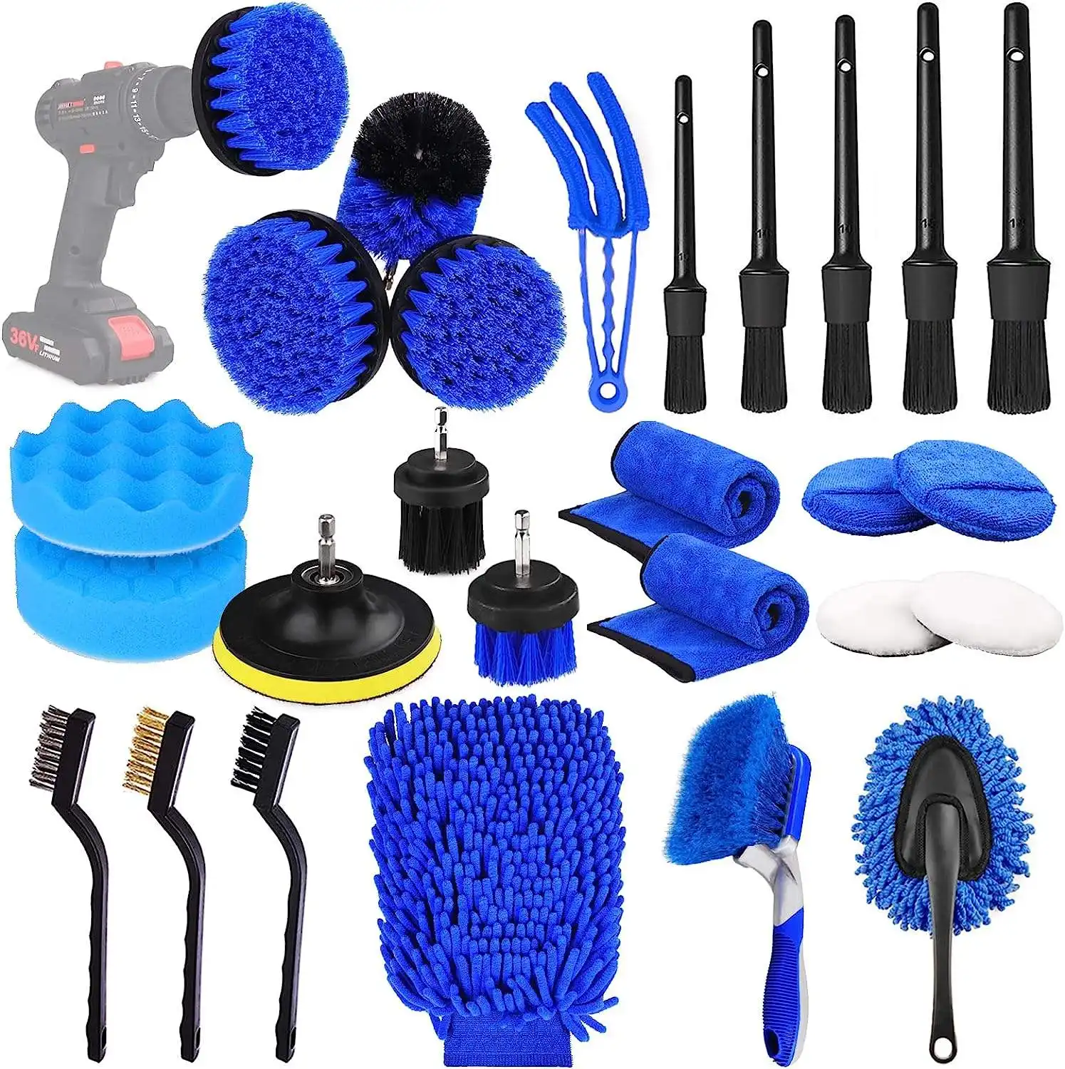 Zhenda usine 26 pièces ensemble de brosses de détail de voiture perceuse automatique brosses propres polissage éponge tampons outils de nettoyage