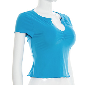 Viviblook J26TP062 Tops de verano para mujer, camiseta informal de manga corta con cuello en V de color sólido, ajustada y sexy - Product Image 2