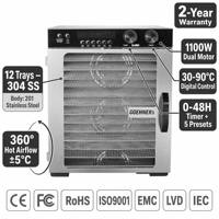 12-bakjes commerciële voedseldroger 1100W 30-90°C temperatuurregeling 0-48 uur timer SUS304 voor vlees, fruit, groenten, voedseldehydrator