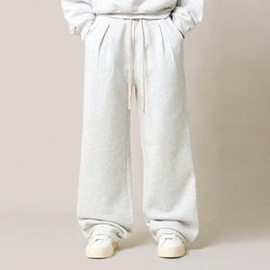 Conjunto de 2 Piezas OEM Extra Largo de Algodón Gris de Color Sólido: Sudadera Corta Casual Oversize y Pantalones Deportivos Anchos con Pliegues - Product Image 3