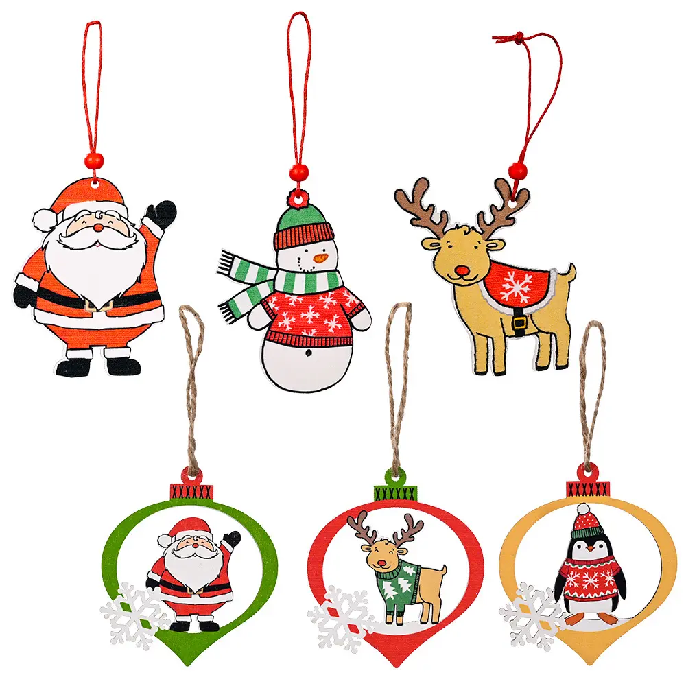 Groothandel Custom Nieuwe Set Van 6 Kerstboom Decoratie Kerst Houten Hanger Santa Claus Sneeuwpop Pinguïn Ornamenten
