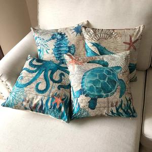Housse de coussin de style méditerranéen, 4 pièces, thème océanique, tortue, hippocampe, pieuvre, baleine, adapté à la décoration de la maison et du jardin - Product Image 4