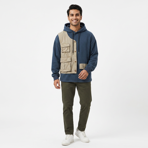 Sudaderas con Capucha Oem al por Mayor, Sudaderas de Moda para Hombre, Unisex, con Hombros Caídos, Estilo Cargo Azul con Parches - Product Image 1