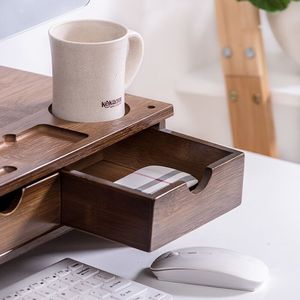 Computer Monitor Riser Stand Walnut Wood <b>Desktop</b> Keyboard Storage Box Screen Lift <b>Shelf</b> Office Organizer - Product Image 4
