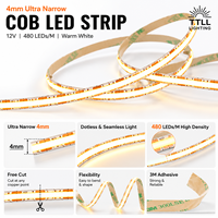 12V FCOB LED Strip 4mm Ultra Tipis 480LEDs/m 50m Gulungan Dapat Dipotong Bebas Fleksibel Pita Linear Produsen Grosir untuk Lemari CE SASO